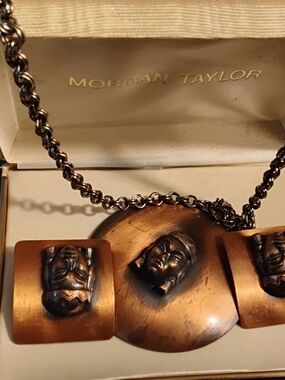 Vintage MCM Mask Copper Parue Set Clip On Earrings and Pendant